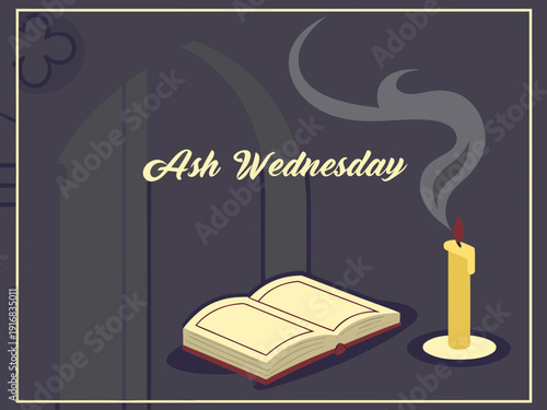 Ash Wednesday illustration with candle and bible in church setting