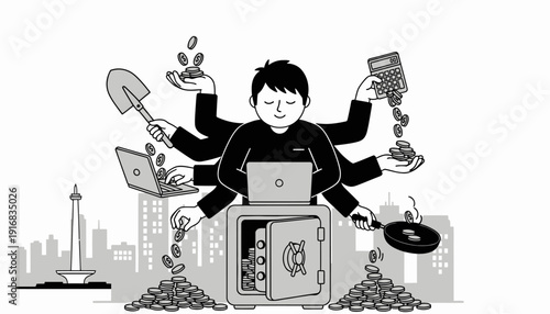 Man with multiple arms working on various tasks around a safe.