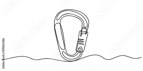 Carabiner Clip for Climbing continuous one line drawing, Modern black outline carabiner clip for climbing gear design, safety equipment, adventure sports equipment icon art, Continuous Line Drawing on