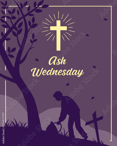 Man praying at a cross on Ash Wednesday with tree and grave