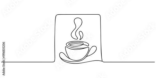 Coffee Shop Signboard with Steaming Cup Cafe Advertising continuous one line drawing, Abstract retro style. Can be used as logo and print, poster, signboard. Abstract retro style, One line cafe street