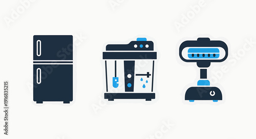Three flat vector icons featuring a refrigerator, a water dispenser or purifier, and a humidifier, representing home appliances and environmental control.