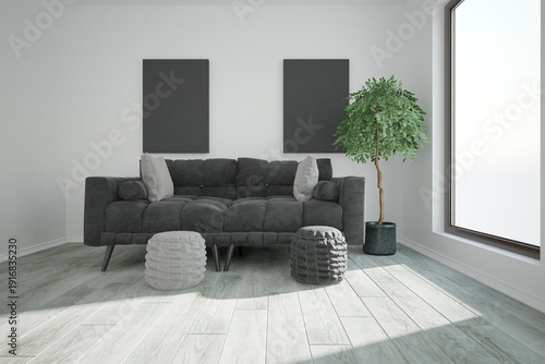 modern room with black sofa with pillows, two pouf, plant in flowerpot and black frame on the wall interior design. 3D illustration