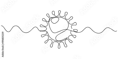 Coronavirus one line drawing on white isolated background. Pathogen cell concept. Vector illustration, Coronavirus bacteria Virus Cell Icon, virus cell, hand drawn of Virus cell and medicine syringe.