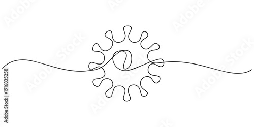 Coronavirus one line drawing on white isolated background. Pathogen cell concept. Vector illustration, Coronavirus bacteria Virus Cell Icon, virus cell, hand drawn of Virus cell and medicine syringe.
