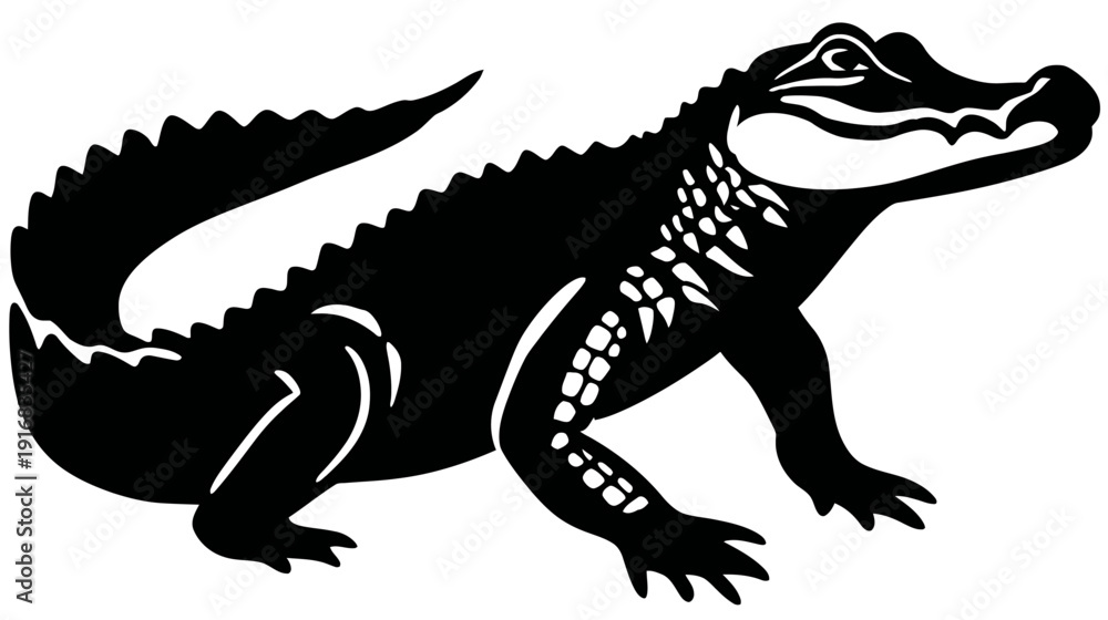 Fototapeta premium A black and white illustration of an alligator, with a detailed textured body and sharp claws