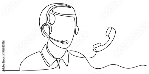 Customer service user icon with phone continuous one line minimalist vector art, One continuous line.Call centre.Male call center operator. Handling calls and messages. Operator with phone and compute