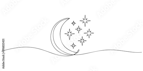 Crescent Moon with Multiple Sparkling Stars continuous one line drawing, Minimalist black crescent moon icon featuring multiple sparkling stars within its celestial curve, Concept of night sky symbols