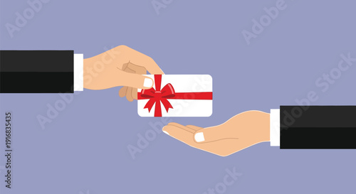 Two business suit arms exchange a small rectangular gift card tied with a bright red ribbon and bow against a muted lavender background.