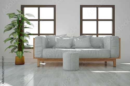 Modern room with sofa with pillows, white pouf and plant in flowrpot near it interior design. 3D illustration
