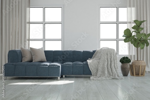 modern room with sofa with plaid and plants in flowerpots interior design. 3D illustration