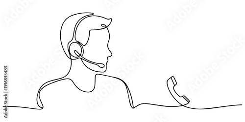 Customer service user icon with phone continuous one line minimalist vector art, One continuous line.Call centre.Male call center operator. Handling calls and messages. Operator with phone and compute