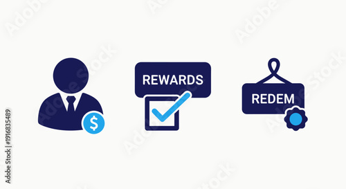 Customer Loyalty Program Management and Financial Rewards Icons: User Benefits, Redemption Process, and Member Value, Modern Flat Design Vector Graphic
