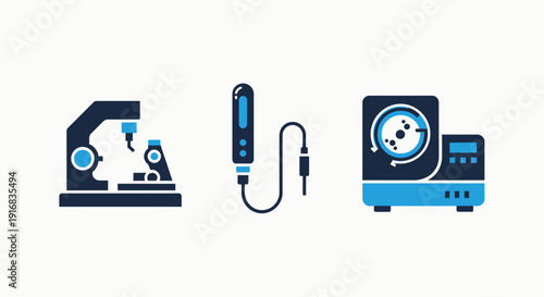 Advanced Scientific Laboratory Equipment Icons: Microscope, Ultrasound Probe, and Centrifuge for Research, Diagnostics, and Biotechnology Applications, Modern Flat Design Vector Graphic