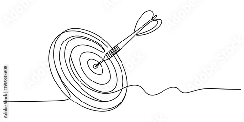 Target with arrow hitting center one continuous line drawing archery goal illustration, Continuous one line drawing of arrow in center of target. Single line art minimalist hand drawn vector illustrat