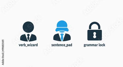 Language Editing and Content Creation Icons: Verb Wizard, Sentence Pad, and Grammar Lock for Text Quality and Communication Standards