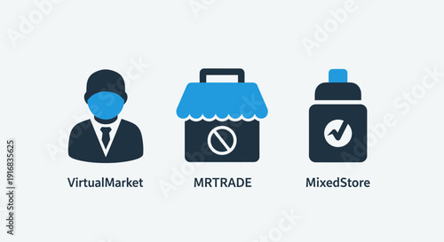 Virtual Marketplace and E-commerce Icons: Online Shopper, Restricted Trade, and Mixed Product Storefronts for Digital Business