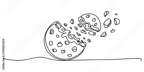 Exploded Chocolate Chip Cookie with Crumbs continuous one line drawing, Chocolate Chip Cookie Exploding with Crumbs Keywords: cookie, chocolate chip, cookie crumbs isolated on a transparent background