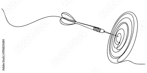 Target with arrow hitting center one continuous line drawing archery goal illustration, Continuous one line drawing of arrow in center of target. Single line art minimalist hand drawn vector illustrat