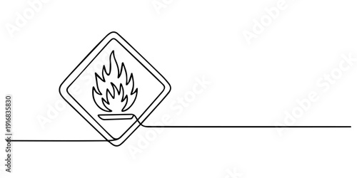 Flammable hazard warning sign continuous one line drawing illustration. Label or sticker concept, Single one line drawing flammable material on background. Suitable for product label. Label or sticker