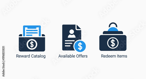 Customer Loyalty and E-commerce Icons: Reward Catalog, Available Offers, and Redeemable Items for Shoppers.