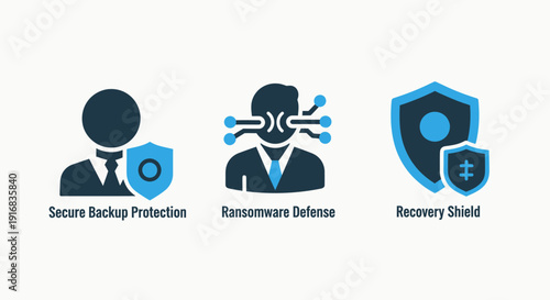 Cyber Security and Data Protection Icon Set Featuring Secure Backup Ransomware Defense and Recovery Shield