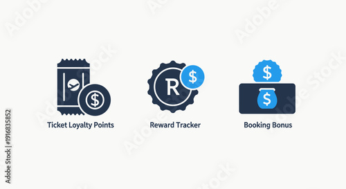 Customer Rewards and Loyalty Program Icons Including Ticket Points Reward Tracker and Booking Bonus