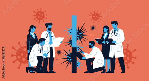 Team of scientists and medical doctors in lab coats collaborating to research and study a new coronavirus variant.