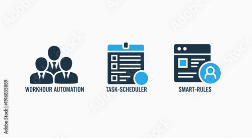 Business Productivity and Workflow Automation Icons Featuring Task Scheduler and Smart Rules Dashboard