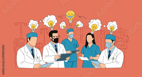 Diverse medical team of doctors and nurses brainstorming innovative ideas and solutions together in a hospital setting.