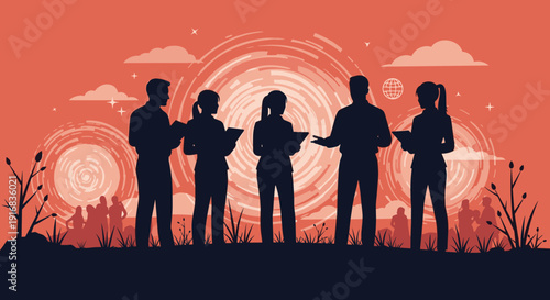 Silhouette of a research team standing in a field at sunset reviewing data while observing a strange celestial phenomenon.