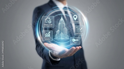 Businessman holding digital cityscape in hand.