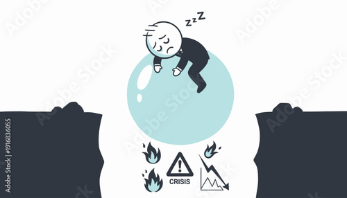 Man sleeping on a globe surrounded by environmental disaster symbols.