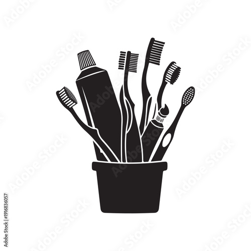black and white illustration of toothbrushes and toothpaste in a cup