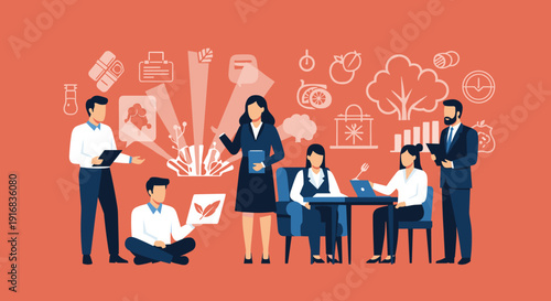 Professional team discusses sustainable agriculture and food technology innovations during a creative business strategy meeting.