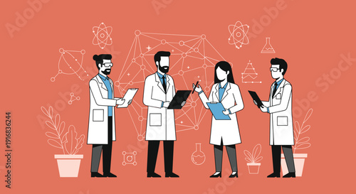 A diverse team of professional scientists in white lab coats stands together, collaborating on new research. They are reviewing data and discussing experimental results.