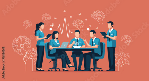 A group of neurologists and mental health professionals collaborate in a meeting. They are discussing brain research and innovative patient treatment options together.