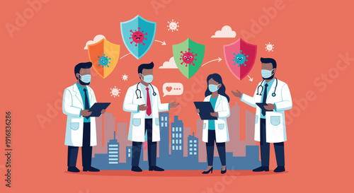 A dedicated team of diverse doctors wearing protective face masks stands together in front of a city skyline. They represent the frontline defense against a viral pandemic.