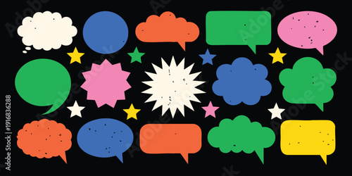 Colorful speech bubbles and stars on black background