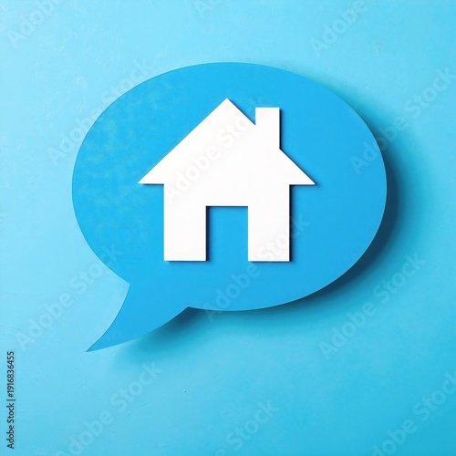 a white speech bubble shaped like a simple house icon, with a pointed roof and chimney, on a clean, light background