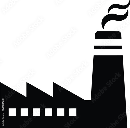 Black and white silhouette icon shows a factory building with sawtooth roof and a tall chimney emitting stylized dark smoke against a plain.