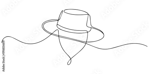 Safari Hat with String for Head Protection continuous one line drawing, Adventure tourist hat in one continuous line drawing style. Headwear logotype concept. Hand drawn vector illustration, sun Hat.