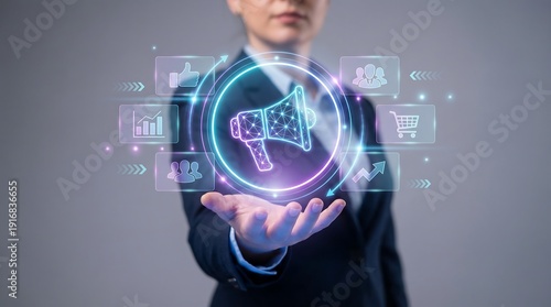 Businesswoman holding a glowing megaphone icon representing digital marketing.