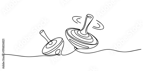 Two Wooden Spinning Tops for Toy Entertainment continuous one line drawing, Two spinning tops depicted in contrasting styles a black silhouette, Two elegantly crafted wooden spinning tops are displaye