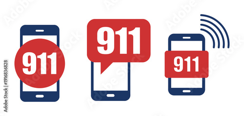Emergency Call Icons, Set Of Urgent Communication Symbols Including 911 Phone Speech Bubble And Mobile Alert Icons In Line Flat And Filled Styles For Web And Mobile Design.