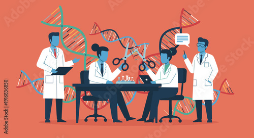 Scientists in a laboratory use giant scissors to perform gene editing on a large DNA helix, symbolizing genetic research and innovation.