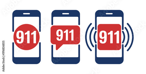 Emergency Call Icons, 911 Service Symbols Including Phone Speech Bubble And Mobile Phone Alerts Representing Urgent Situations In Line And Flat Vector Style For App And Web Design.