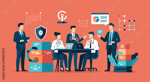 Business executives and medical doctors collaborate in a meeting focused on healthcare management, data security, and technology.