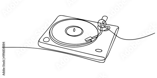 Vintage White Record Player Turntable continuous one line drawing, Minimalist Line Art Illustration of a Turntable with Vinyl Record and Tone Arm 50s Retro Music, Retro music player turntable one pro.