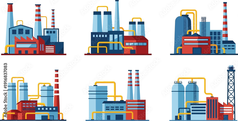 Obraz premium Six stylized illustrations depict various complex industrial manufacturing plants featuring smokestacks, pipelines, and storage tanks within a.